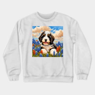 Bernedoodle Puppy in Texas Wildflower Field Crewneck Sweatshirt